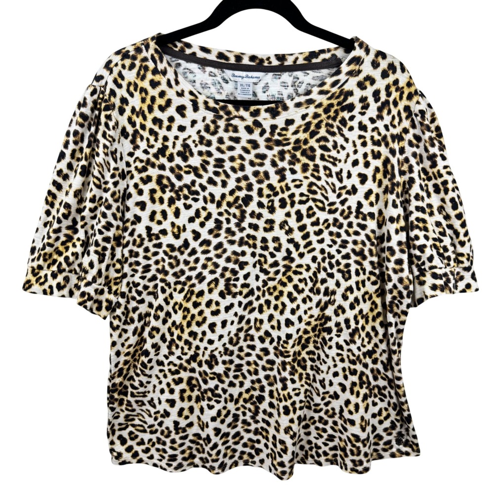 Tommy Bahama Leopard Print T-Shirt Women XL Tan Cotton Short Sleeve Animal Print - Picture 2 of 10